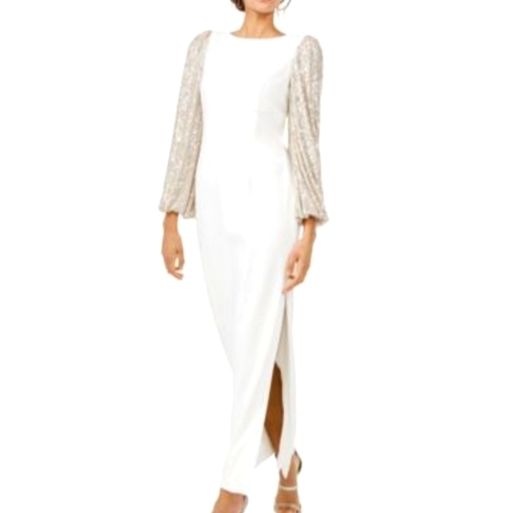 Eliza J CREPE V-BACK DRESS WITH SEQUIN LONG SLEEVES   NEW W/TAG